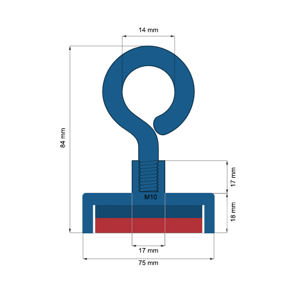 Неодимов магнит тенджера Ø75 мм с пръстеновидна кука с маншет – схема