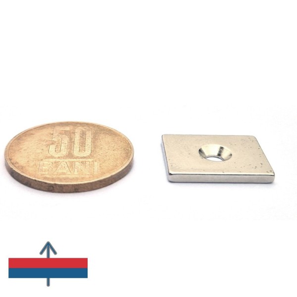 Magnet neodim bloc 19 x 15 x 2 mm cu gaură îngropată D3,5 / D6,5 mm magnetizare si moneda 50 bani