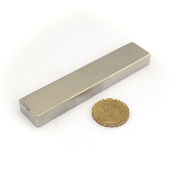 Неодимов магнит блок 100 x 20 x 10 NiCuNi N40 с монета 50 стотинки
