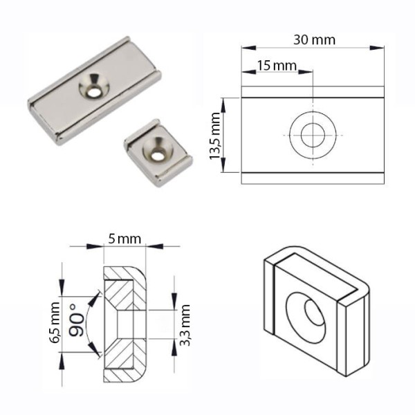 Неодимов магнит блок 30 x 13,5 мм, тип тенджера, правоъгълен, с дупка Ø 3,3 и фаска Ø 6,5 - схема