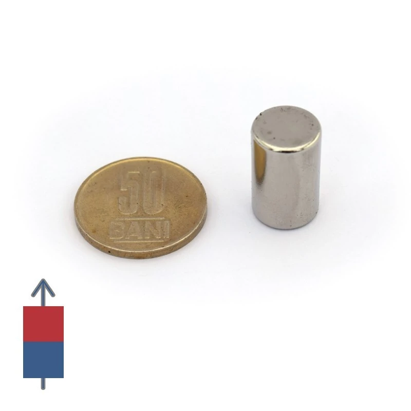 Magnet neodim cilindru 12 x 20 cu magnetizare și moneda de 50 bani