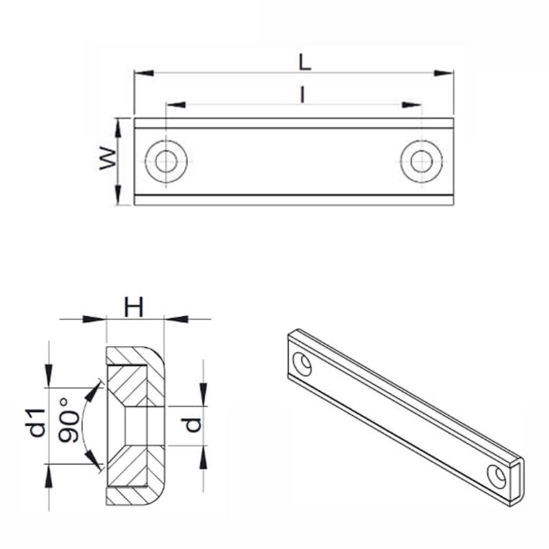 Magnet neodim bloc 100 x 13,5 x 5 mm, tip oală, dreptunghiular, cu 2 găuri D 3,3 și șanfren D 6,5 - schema