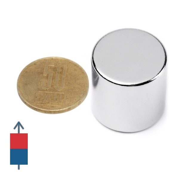 Magnet neodim cilindru / disc 25 x 25 mm N52 cu magnetizare și moneda de 50 bani
