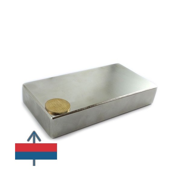 Magnet neodim bloc 140 x 70 x 25 mm cu moneda deasupra