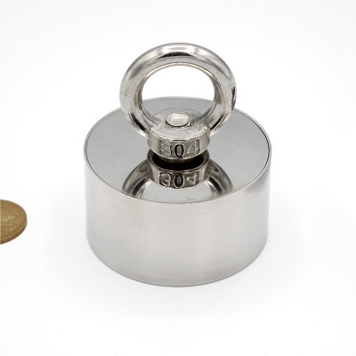 Magnet fishing 360° D 55 x H 30 mm - forță 320/80 kg cu moneda de 50 bani