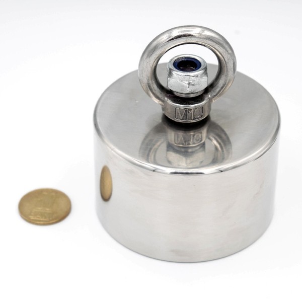 Неодимов магнит за риболов 360° Ø80 x В50 мм - сила 640/160 кг с монета 50 стотинки