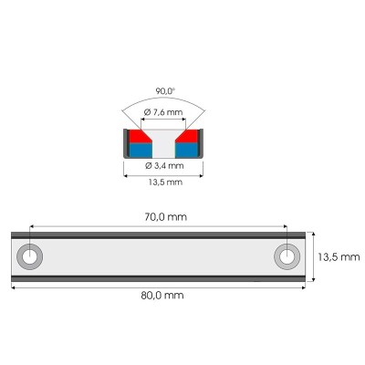 Magnet neodim bloc 80 x 13,5 x 5 mm, în carcasă, cu 2 găuri D 3,3 și șanfren D 6,5 - schema