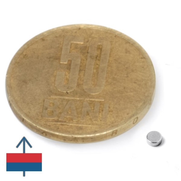 Неодимов магнит диск 2,5 x 1 мм N52 - с намагнитване и монета 50 стотинки