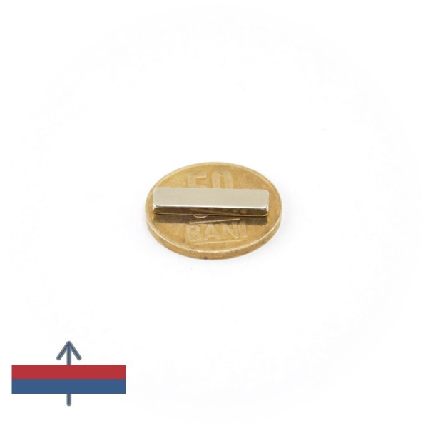 Magnet neodim bloc 20 x 5 x 2 mm - N42SH - NiCuNi peste moneda de 50 bani