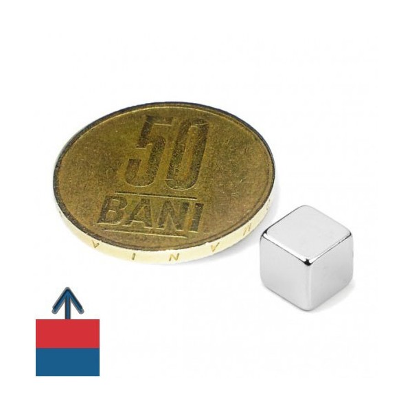 Magnet neodim cub 8 mm cu magnetizare și moneda de 50 bani