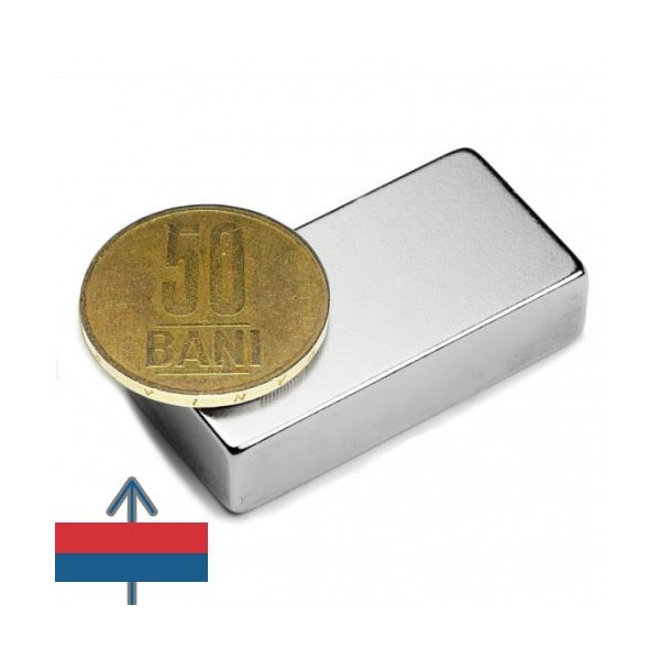 Magnet neodim bloc 40 x 20 x 10 mm cu moneda de 50 bani
