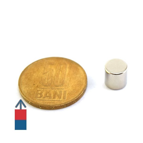 Неодимов магнит цилиндър 8 x 8 мм с магнитизация и монета от 50 бани