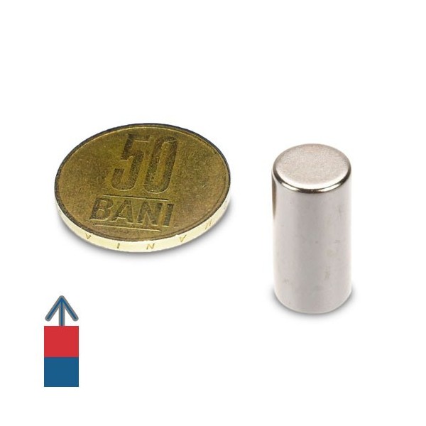 Неодимов магнит цилиндър 10 x 20 мм с магнитизация и монета от 50 бани