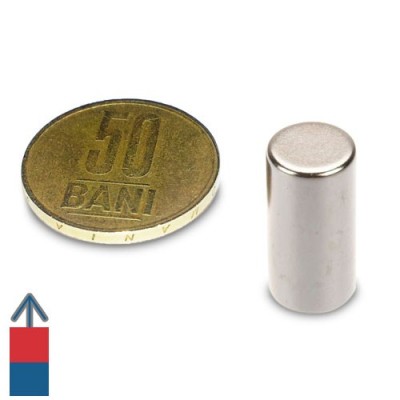 Magnet neodim cilindru 10  x 20 mm cu magnetizare și moneda de 50 bani