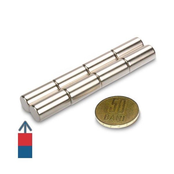 Grup de magneți neodim cilindru 10  x 20 mm cu magnetizare și moneda de 50 bani